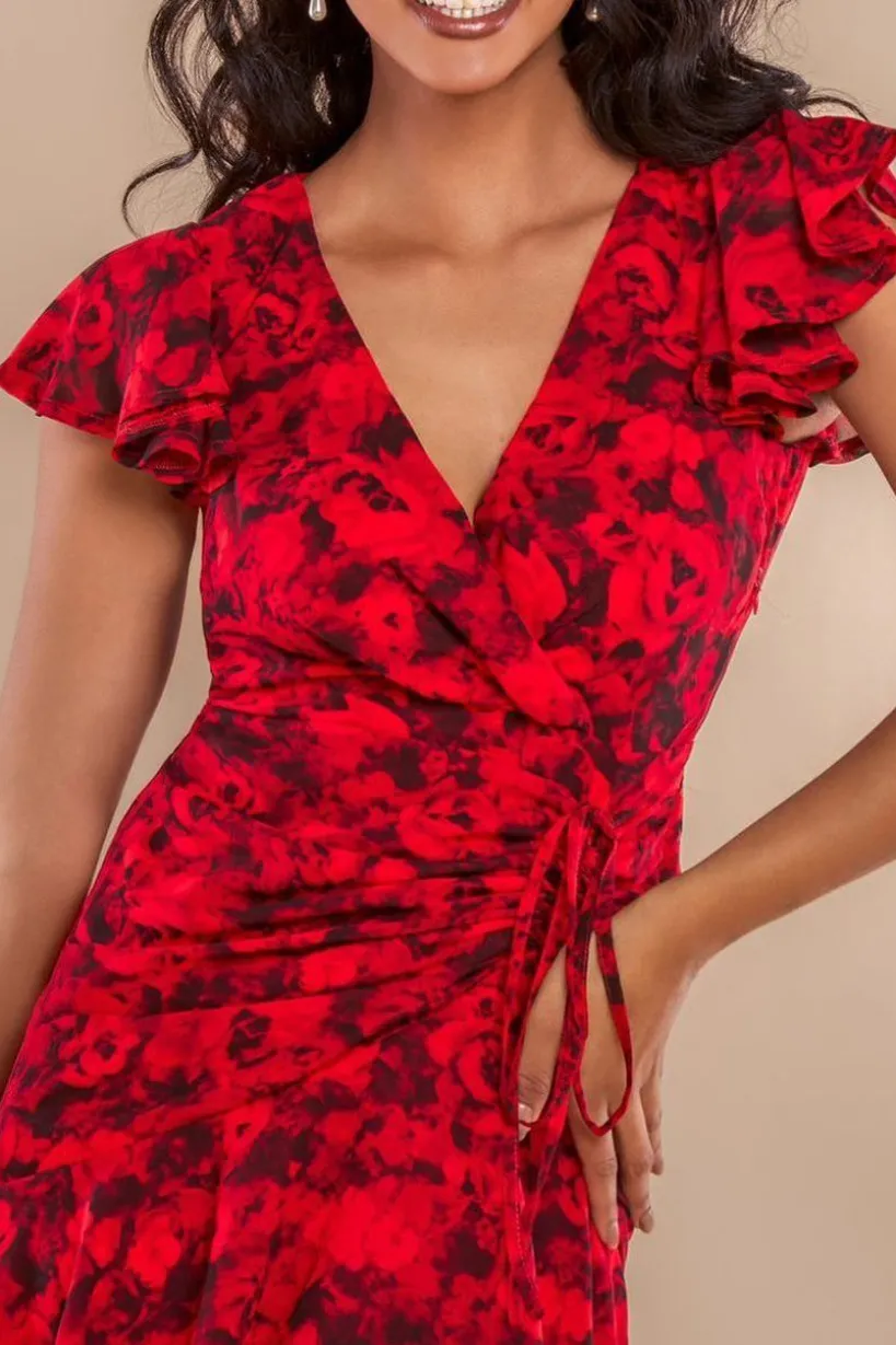 Floral Wrap High And Low Midaxi Dress - Red by Goddiva