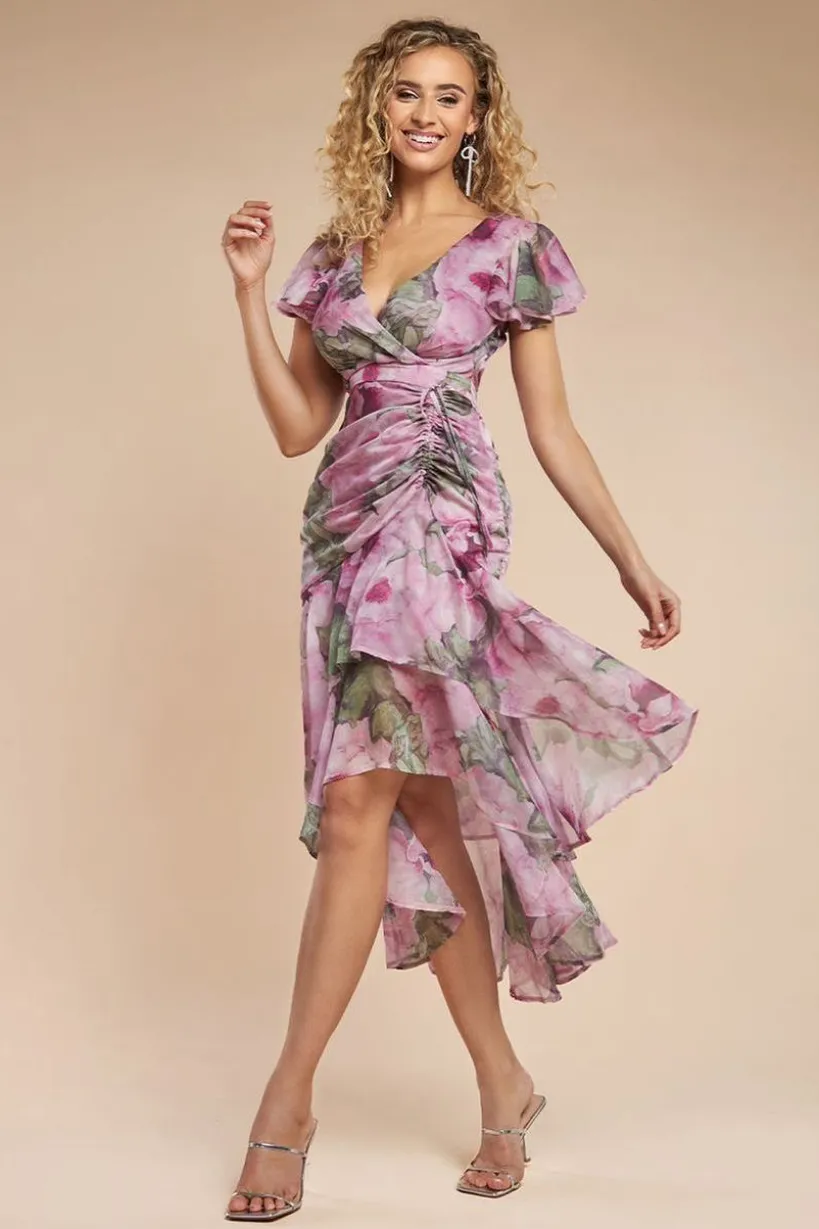 Floral Wrap High And Low Midaxi Dress - Blush by Goddiva