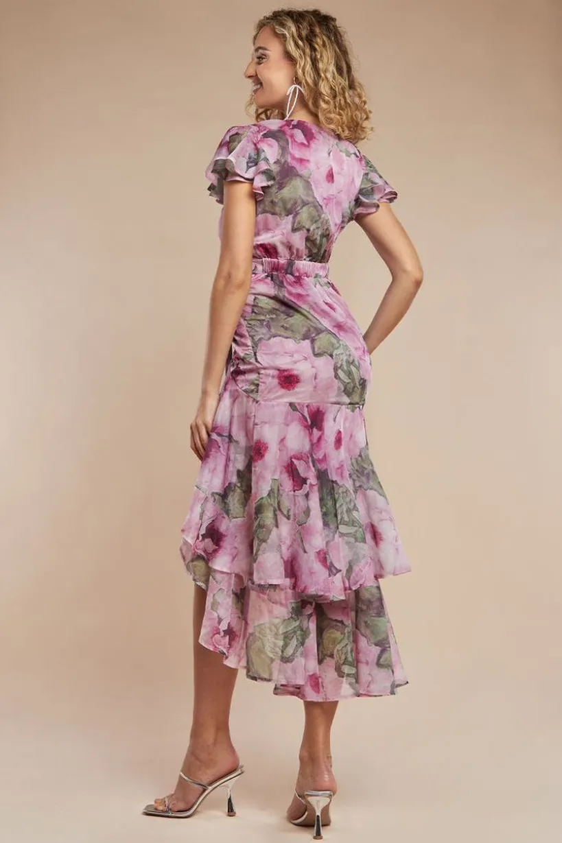 Floral Wrap High And Low Midaxi Dress - Blush by Goddiva