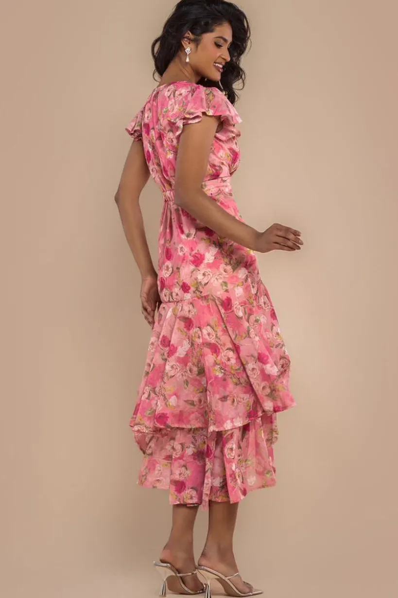 Floral Wrap High And Low Midaxi Dress - Pink by Goddiva