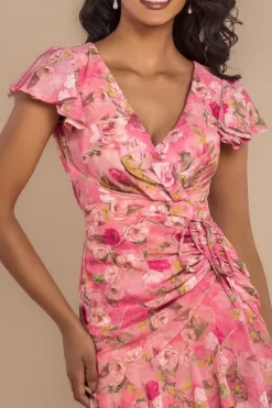Floral Wrap High And Low Midaxi Dress - Pink by Goddiva