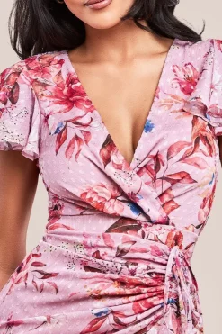 Floral Wrap High And Low Midaxi Dress - Blush Pink by Goddiva