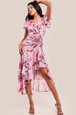 Floral Wrap High And Low Midaxi Dress - Blush Pink by Goddiva