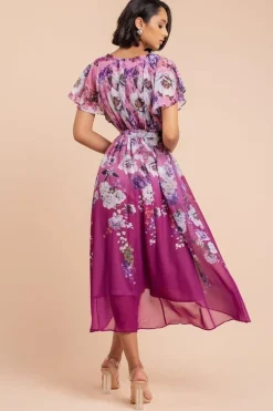 Flutter Sleeve A-Line Chiffon Floral Printed Midi Dress - Magenta by Goddiva