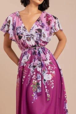 Flutter Sleeve A-Line Chiffon Floral Printed Midi Dress - Magenta by Goddiva