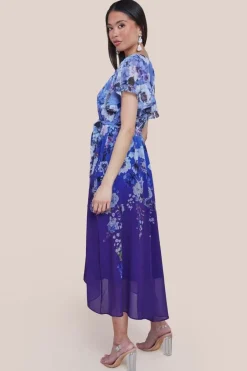 Flutter Sleeve A-Line Chiffon Floral Printed Midi Dress - Royal Blue by Goddiva