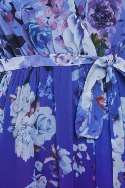 Flutter Sleeve A-Line Chiffon Floral Printed Midi Dress - Royal Blue by Goddiva