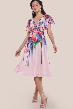 Flutter Sleeve Floral Bodice Midi Dress - Blush by Goddiva