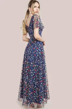 Flutter Sleeve Floral Embroidered Maxi - Navy by Goddiva