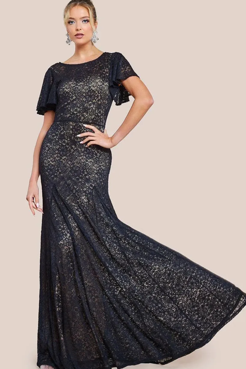 Flutter Sleeve Lace A-Line Maxi Dress - Black by Goddiva