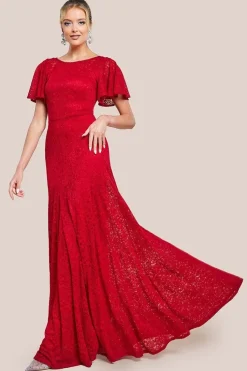Flutter Sleeve Lace A-Line Maxi Dress - Red by Goddiva