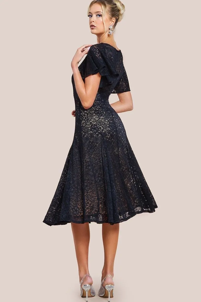 Flutter Sleeve Lace A-Line Midi Dress - Black by Goddiva