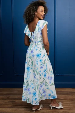 Flutter Sleeve Maxi Dress With Tie Belt In White Blue Floral by Angeleye