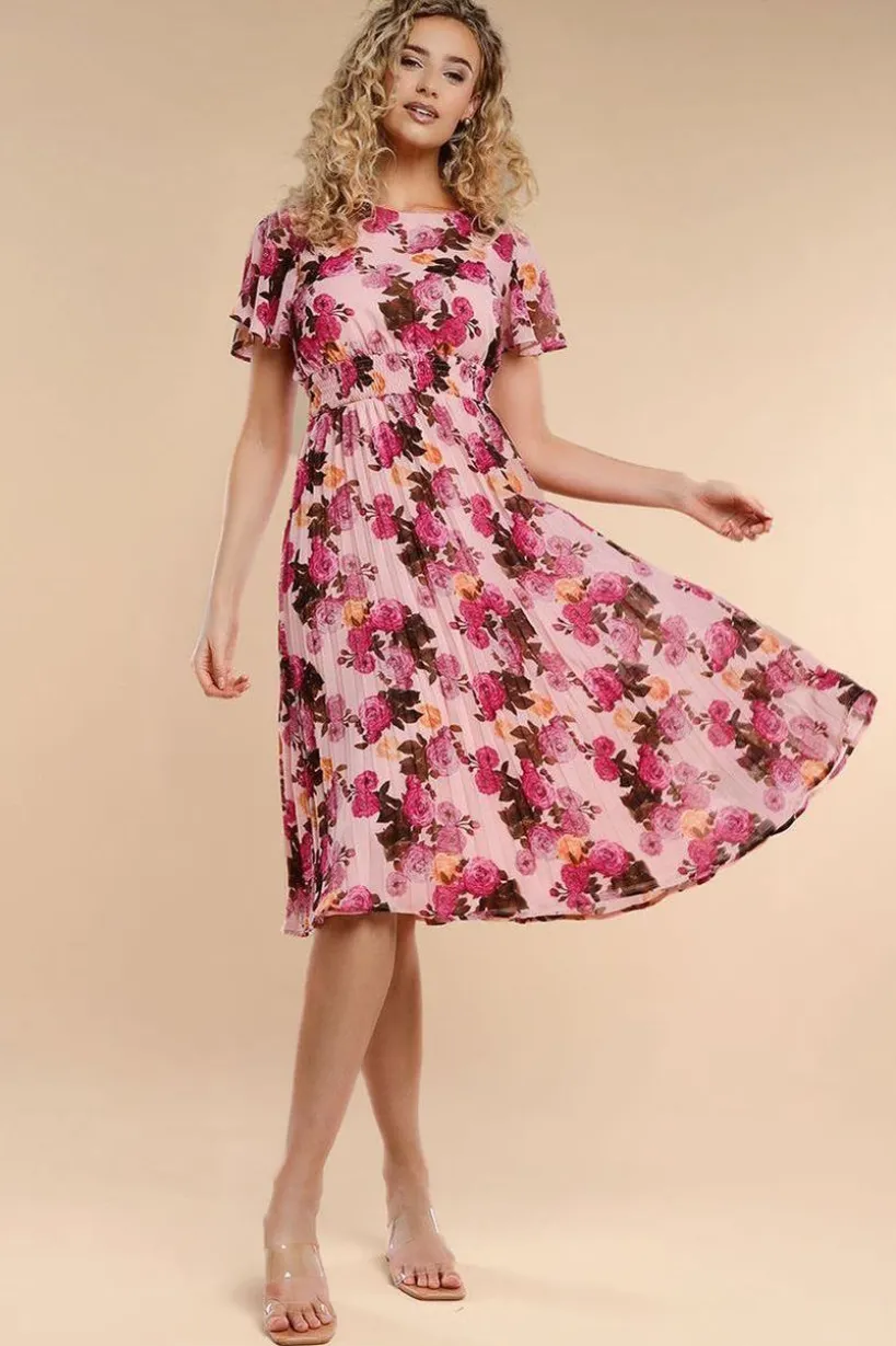 Flutter Sleeve Pleated Skirt Floral Midi Dress - Pink by Goddiva