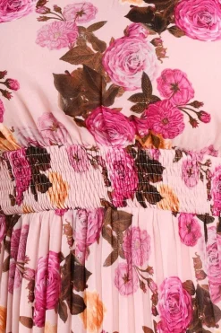 Flutter Sleeve Pleated Skirt Floral Midi Dress - Pink by Goddiva