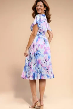 Flutter Sleeve Pleated Skirt Floral Midi Dress - Blue by Goddiva