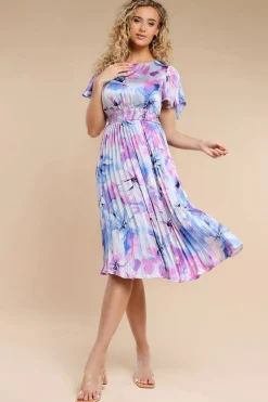 Flutter Sleeve Pleated Skirt Floral Midi Dress - Blue by Goddiva