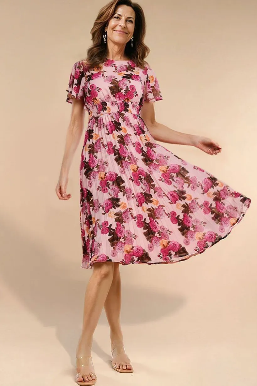 Flutter Sleeve Pleated Skirt Floral Midi Dress - Pink by Goddiva