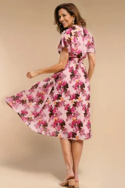 Flutter Sleeve Pleated Skirt Floral Midi Dress - Pink by Goddiva