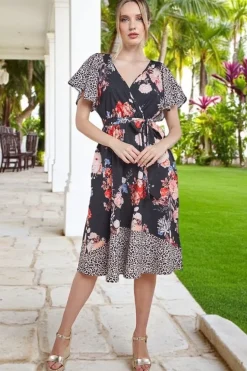 Flutter Sleeve Printed Midi Dress - Leopard Print by Goddiva