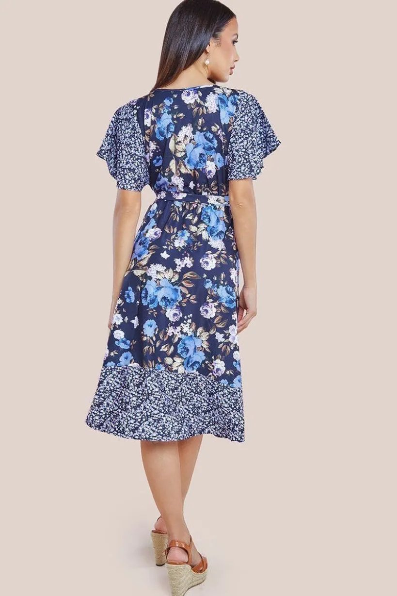 Flutter Sleeve Printed Midi Dress - Navy Print by Goddiva