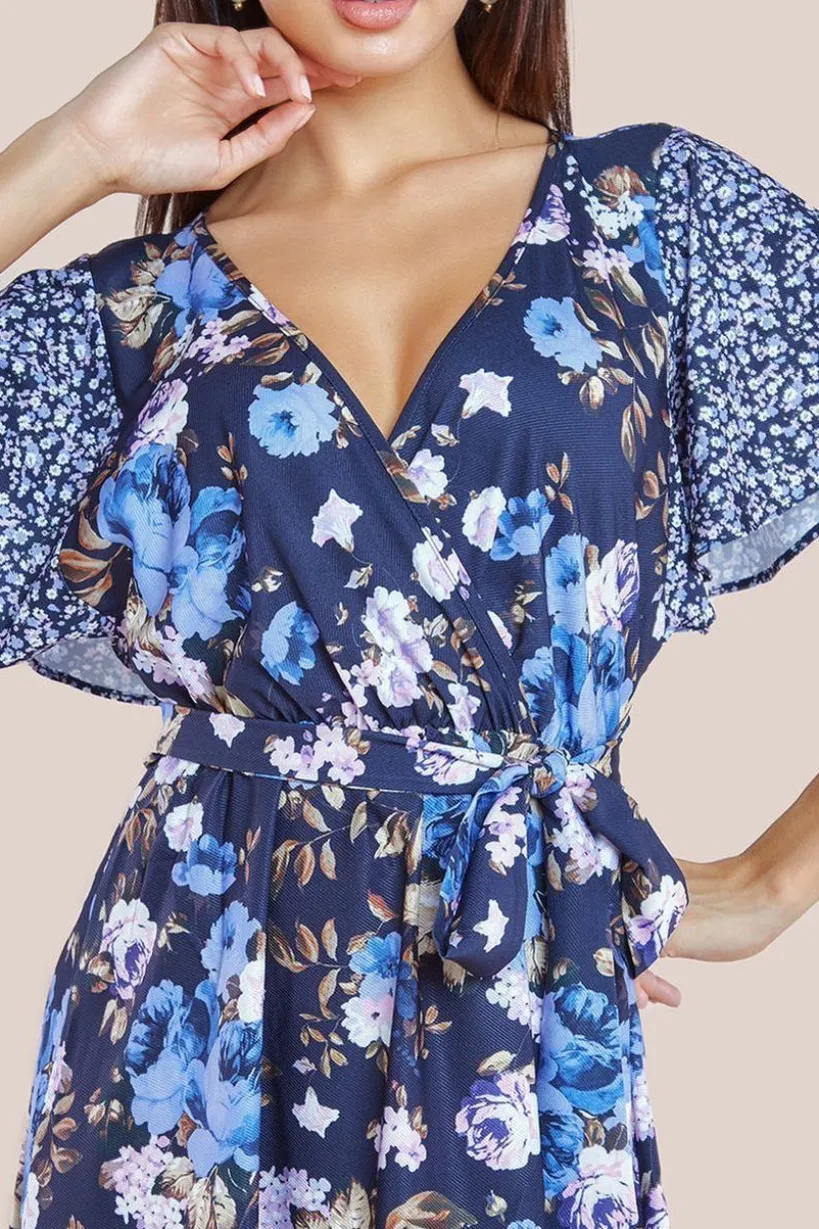 Flutter Sleeve Printed Midi Dress - Navy Print by Goddiva