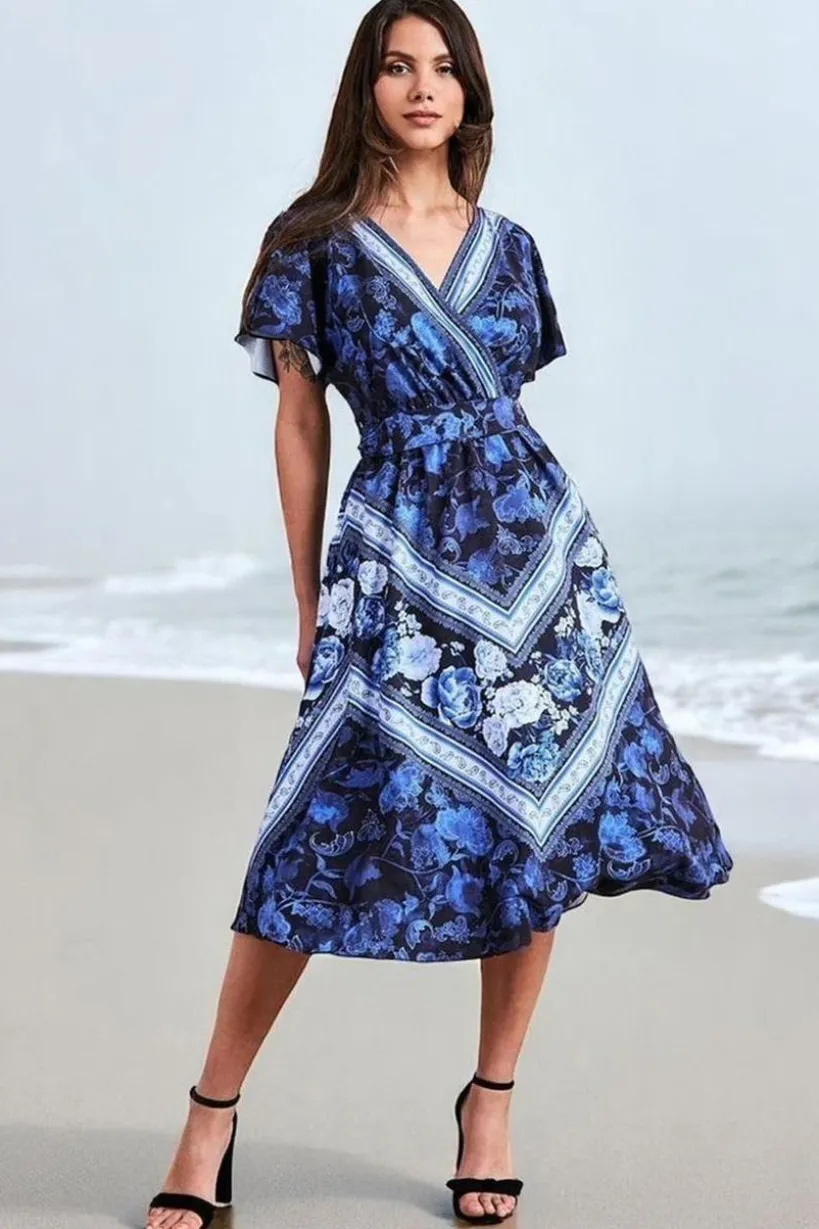Flutter Sleeve Wrap Style Midi Dress - Navy by Goddiva