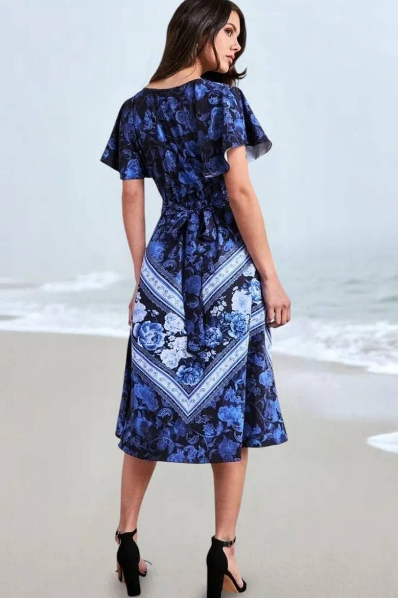 Flutter Sleeve Wrap Style Midi Dress - Navy by Goddiva