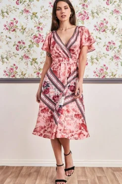 Flutter Sleeve Wrap Style Midi Dress - Peach by Goddiva
