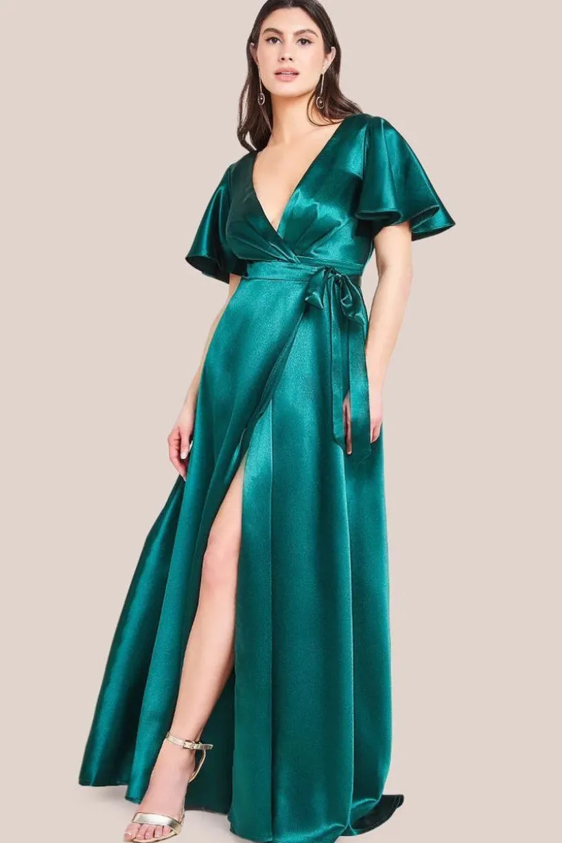 Flutter Sleeve Wrapover Satin Maxi Dress - Emerald Green by Goddiva
