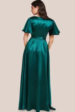 Flutter Sleeve Wrapover Satin Maxi Dress - Emerald Green by Goddiva