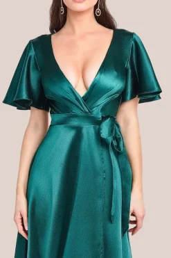Flutter Sleeve Wrapover Satin Maxi Dress - Emerald Green by Goddiva