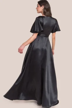 Flutter Sleeve Wrapover Satin Maxi Dress - Black by Goddiva
