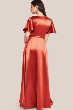 Flutter Sleeve Wrapover Satin Maxi Dress - Orange by Goddiva