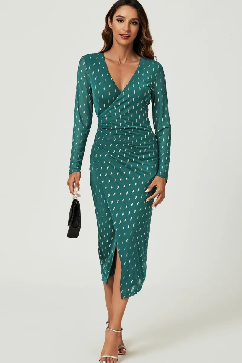 Foil Mesh Long Sleeve Midi Dress In Green by FS Collection