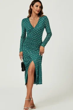 Foil Mesh Long Sleeve Midi Dress In Green by FS Collection