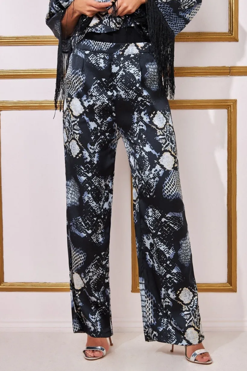 Foil Print Wide Leg Trousers - Black by Goddiva