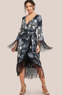 Foil Print Wrap Midi With Tassels - Black by Goddiva