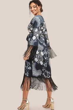 Foil Print Wrap Midi With Tassels - Black by Goddiva
