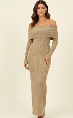 Folded Bardot Neckline Ribbed Knit Off Shoulder Dress by Avinci