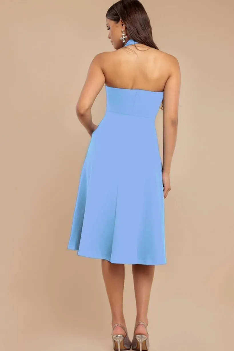 Frilled Halter Neck Strap Midi Dress - Cornflower Blue by Goddiva