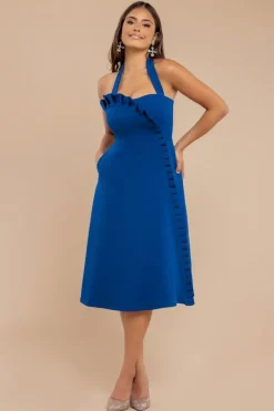 Frilled Halter Neck Strap Midi Dress - Royal Blue by Goddiva