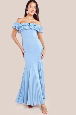Frilled Off The Shoulder Pleated Chiffon Maxi Dress - Dusky Blue by Goddiva