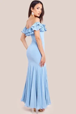 Frilled Off The Shoulder Pleated Chiffon Maxi Dress - Dusky Blue by Goddiva