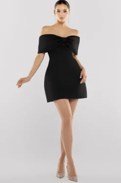 Front Bow Off The Shoulder Mini Dress - Black by Goddiva