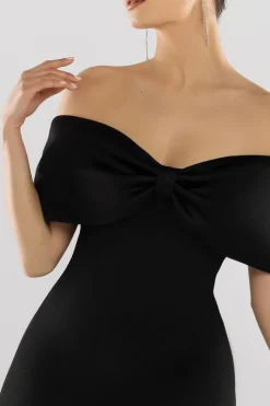Front Bow Off The Shoulder Mini Dress - Black by Goddiva