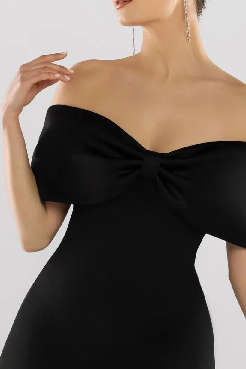 Front Bow Off The Shoulder Mini Dress - Black by Goddiva
