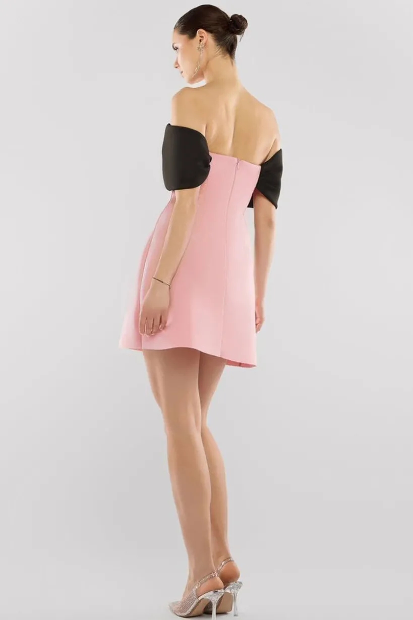 Front Bow Off The Shoulder Mini Dress - Blush Black by Goddiva