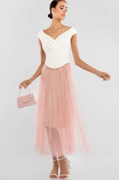 Front Pleated Wrap Off The Shoulder Corset With Tulle Gathered Midaxi Skirt Cream & Blush by Goddiva