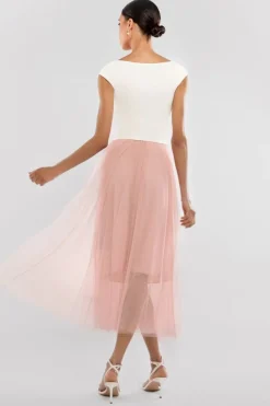 Front Pleated Wrap Off The Shoulder Corset With Tulle Gathered Midaxi Skirt Cream & Blush by Goddiva